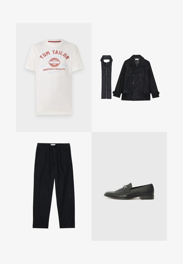 Crni vuneni kaput s dvostrukim kopčanjem i velikim ovratnikom, uparen s crnim bezrukavnim jaknom od mrežastog materijala sa zatvaračem na patent.; Bijela pamučna majica s crvenim i plavim printom s natpisom "TOM TAILOR", kružnim logom i tekstom "PREMIUM QUALITY" u raznim fontovima.; Pier One Chino hlače - black; Crna kožna loafer cipela s glatkom finišem, s ušivenim uzorkom i dekorativnim metalnim lancem preko prednjeg dijela. Ravni potplat.