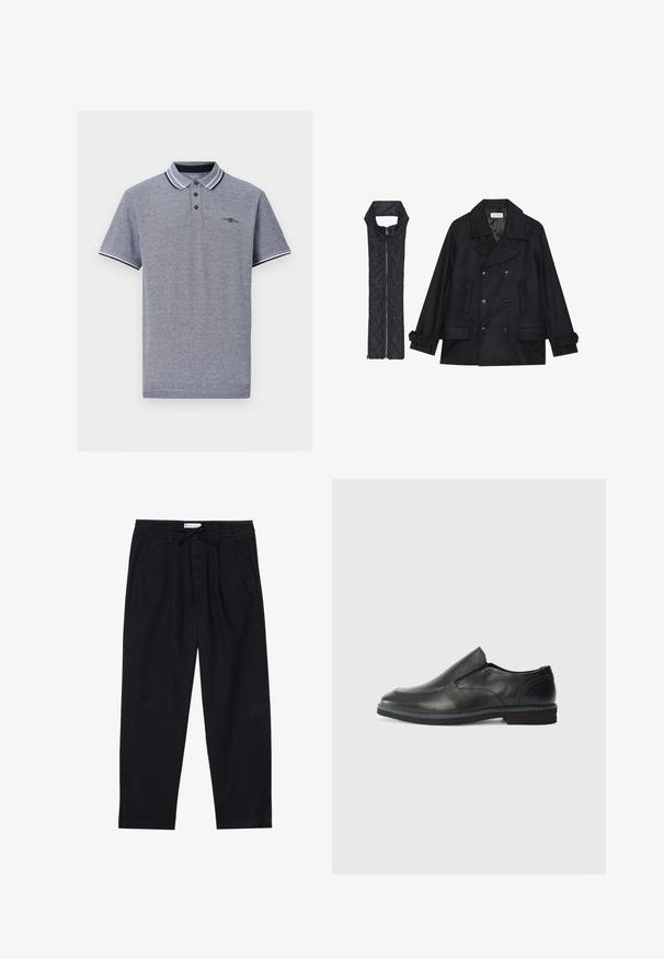 Črn volnen plašč z dvojnimi gumbi in velikim ovratnikom, v kombinaciji z brezrokavnikom iz črnega prešitega materiala z zadrgo.; Siva polo majica s kontrastnim ovratnikom v mornarsko modri in beli črtni vzorci, plakat s tremi gumbi in subtilen logotip na prsih.; Pier One Hlače chino - black; Črne usnjene natikače z gladkim zgornjim delom, prišitimi detajli, zaobljenim nosom in nizkim gumijastim petkom. Podplat ima minimalen profil.