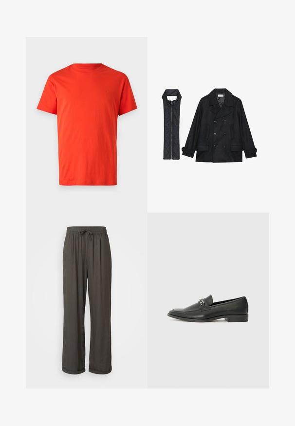 Čierny vlnený peacoat s dvojradovým zapínaním a veľkým golierom, skombinovaný s čiernou prešívanou vestou bez rukávov s rázporkom na zips.; Červené bavlnené tričko s krátkymi rukávmi, okrúhlym výstrihom a logom v tón-to-tón detaile na ľavej hrudi. Hladká textúra a štandardný strih.; Tmavošedé nohavice s voľným strihom a šnúrkou v páse, vyrobené z mäkkej, textúrovanej tkaniny, s rolovanými manžetami na členkoch.; Čierne kožené loafers s hladkým povrchom, s prešitým dizajnom a dekoratívnym kovovým reťazovým akcentom cez priehlavok. Plochý podpätok.