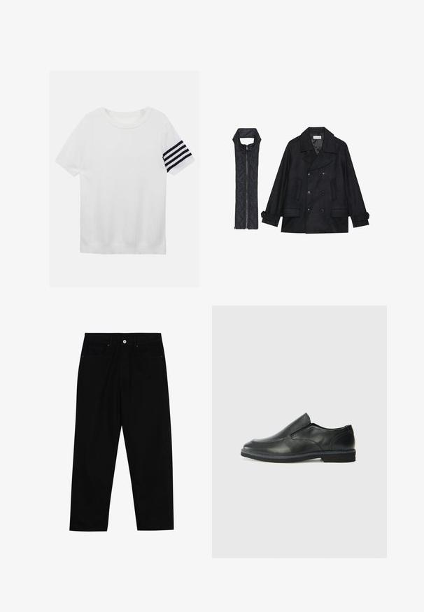 Čierny vlnený peacoat s dvojradovým zapínaním a veľkým golierom, skombinovaný s čiernou prešívanou vestou bez rukávov s rázporkom na zips.; Biele pletené tričko s krátkym rukávom, ktoré má ryhovanú textúru a čierny pruh na ľavom rukáve. Okrúhly výstrih, voľný strih.; Čierne denimmové nohavice s rovný strihom, dizajnom s piatimi vreckami a upínaním na prednej strane. Hladká textúra s minimálnymi detailmi šitia.; Čierny kožený nazúvací topánka s hladkým zvrškom, prešitými akcentmi, zaoblenou špičkou a nízkym gumovým podpätkom. Podošva má minimálny dezén.