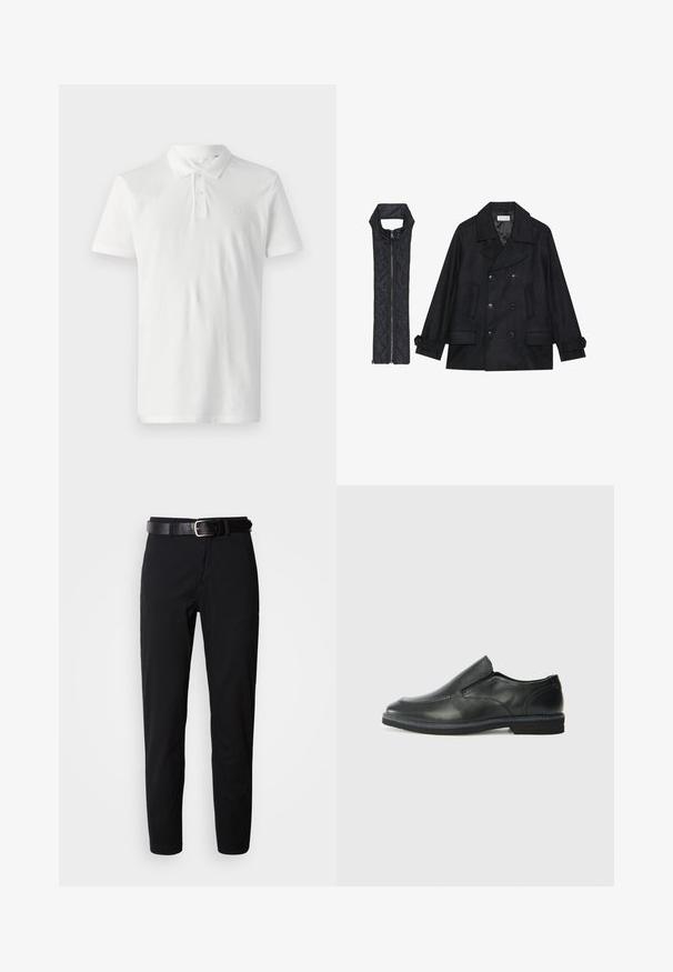 Mustast villast peacoat, millel on topelt nööbid ja suur krae, koos musta ilma varrukateta tikkimisega vestiga, millel on lukuga sulgemine.; Valge puuvillane polo-särk, millel on krae, kolm nööpaukku ja lühikesed varrukad. Rinnal on diskreetne logo.; Mustad püksid sirge lõikega, sileda tekstuuriga ja must nahkrihm hõbedase pandlaga. Lihtne disain, ilma mustrite või aktsentideta.; Must musta laia suuga king, millel on sile ülemine osa, õmmeldud detailid, ümmargune nina ja madal kummist konts. Tallal on minimaalne mustr.