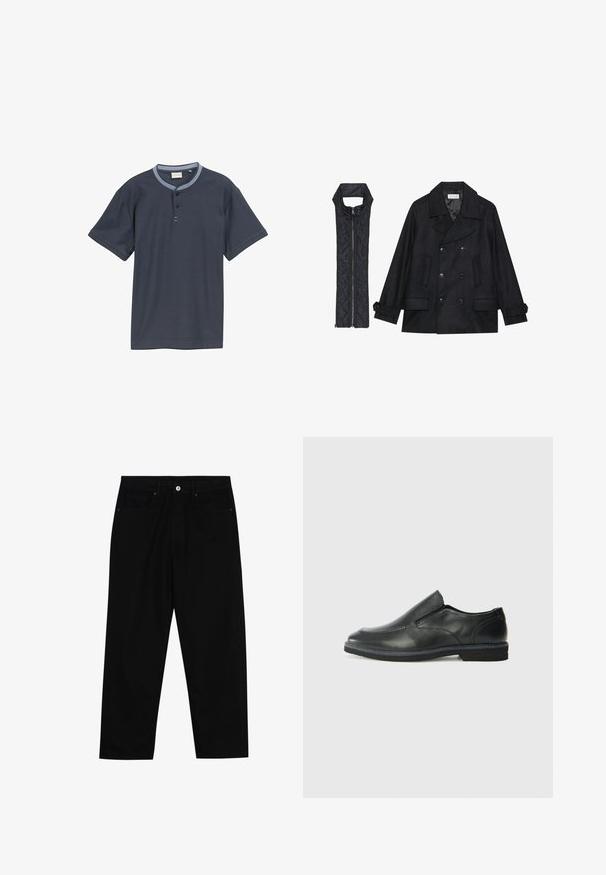 Svart ull peacoat med dubbelknäppta knappar och stor krage, kombinerad med en ärmlös svart vadderad väst med dragkedja.; Mörk marinblå kortärmad skjorta med en strukturerad tyg, med en ljusblå krage och tre-knappsstängning.; Svarta denimbyxor med rak passform, femficksdesign och framknäppning. Slät textur med minimala sömdetaljer.; Svart lädersko i slip-on-modell med en slät ovandel, sömnadsdetaljer, rund tå och låg gummihäl. Sulan har minimal mönstring.
