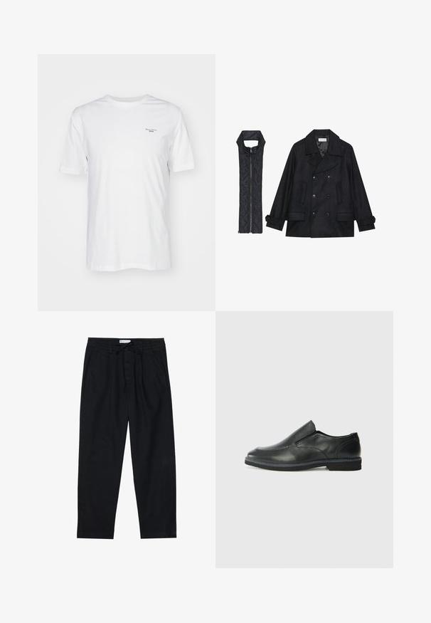 Casaco de lã preto com botões duplos e gola grande, combinado com um colete acolchoado preto sem mangas com fecho de correr.; T-shirt de algodão branco com decote redondo, mangas curtas e um pequeno logotipo impresso na área do peito esquerdo. Textura suave, ajuste standard.; Pier One Chinos - black; Sapato slip-on preto em pele com um upper liso, acabamentos cosidos, bico arredondado e um salto de borracha baixo. A sola apresenta um padrão de aderência mínimo.