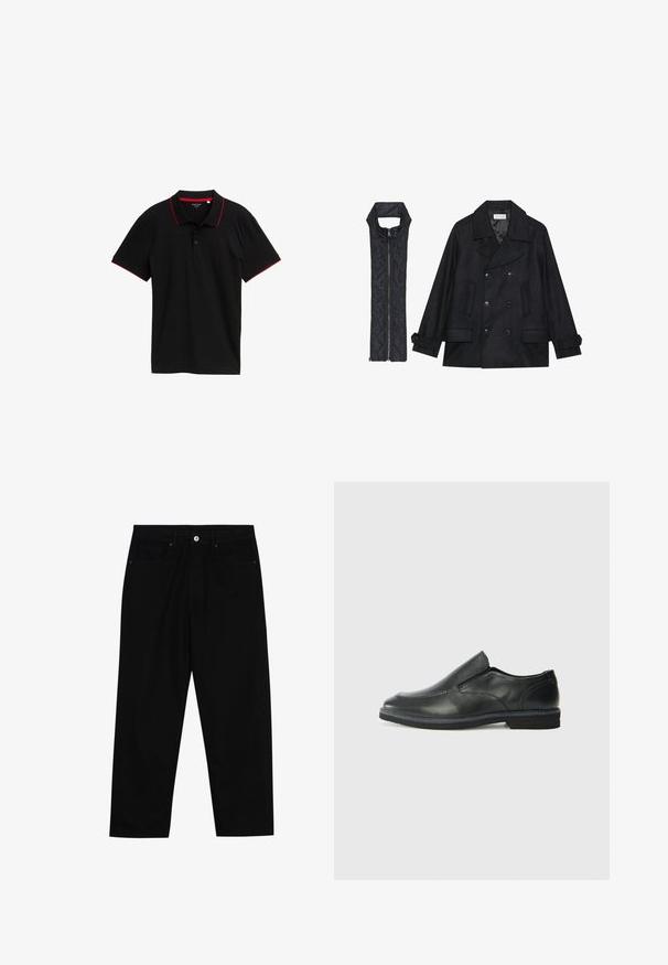 Musta villapaltto, jossa on kaksiriviset napit ja suuri kaulus, yhdistettynä olkaimettomaan mustaan toppaliiviin, joka avautuu vetoketjulla.; Musta poolo paita, jossa on teksturoitu kangas, punaiset kaulus- ja hihapaneelit, kolme nappia, lyhyet hihat ja ei näkyviä kuvioita.; Mustat farkut suoraan lahkeella, viisi taskua ja etunappikiinnitys. Sileä rakenne, jossa on vain vähäisiä ompelualueita.; Musta nahkainen liukujalkine, jossa on sileä pinta, ommeltuja yksityiskohtia, pyöristetty kärki ja matala kumipohja. Pohjassa on minimaalinen pito.