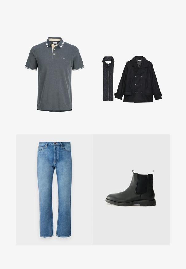 Crni vuneni kaput s dvostrukim kopčanjem i velikim ovratnikom, uparen s crnim bezrukavnim jaknom od mrežastog materijala sa zatvaračem na patent.; Muška polo majica tamnosive boje sa teksturiranim tkivom. Ima kremasti ovratnik sa mornarskim prugama i tri dugmeta. Mali logo na prsima.; Svijetloplave traperice ravnog kroja, s klasičnim dizajnom s pet džepova, zatvaranjem na dugme i kontrastnim šavovima.; Crne kožne Chelsea čizme s elastičnim bočnim panelima, potpeticama za povlačenje, zaobljenim vrhom i teksturiranom gumenom potplatom. Glatka površina i čvrst dizajn.