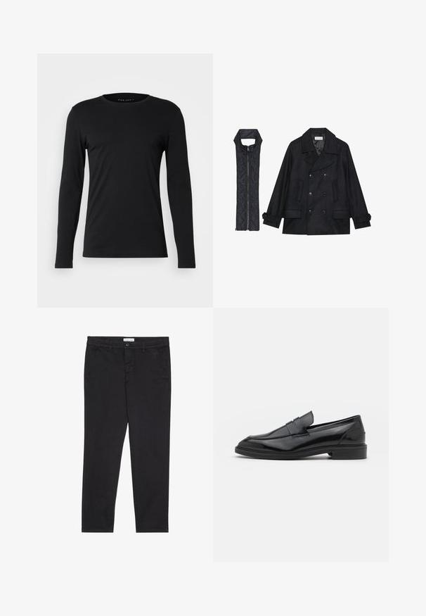 Črn volnen plašč z dvojnimi gumbi in velikim ovratnikom, v kombinaciji z brezrokavnikom iz črnega prešitega materiala z zadrgo.; Črna dolga majica s dolgimi rokavi, narejena iz mehke tkanine. Ima okroglo izrezano ovratnik in oprijet kroj brez vidnih grafičnih elementov ali okraskov.; Črne bombažne hlače s slim fit krojem, z dvema stranskima žepoma in sprednjim gumbom za zapiranje. Teksturirano blago z nežnimi detajli.; Črne usnjene loafersice z gladko površino, s zaobljenim prstom in ozkim pasom čez zgornji del. Nizek zložen petek.