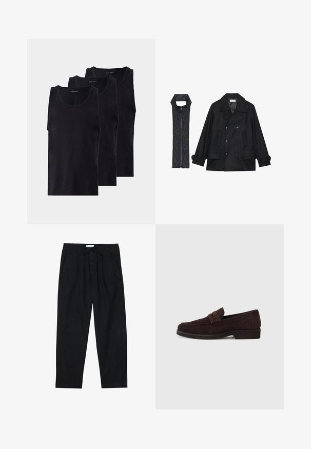 Μαύρο μάλλινο παλτό με διπλό κούμπωμα και μεγάλο γιακά, συνδυασμένο με ένα αμάνικο μαύρο καπιτονέ γιλέκο που διαθέτει φερμουάρ.; Μαύρα βαμβακερά αμάνικα μπλουζάκια σε σετ τριών τεμαχίων, με στρογγυλή λαιμόκοψη, αμάνικο σχέδιο, μαλακή υφή και κλασική εφαρμογή.; Pier One Chinos - black; Καφέ σουέτ λόφερς με χαμηλό προφίλ και στρογγυλή μύτη. Διαθέτουν διακοσμητική λωρίδα πάνω απ' το παπούτσι, επίπεδη καουτσούκ σόλα και χωρίς ορατές ραφές.