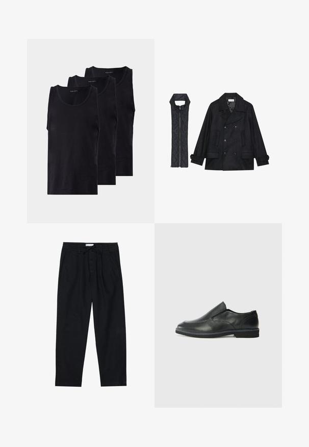Fekete gyapjú peacoat dupla gombolással és nagy gallérral, melyet egy ujjatlan fekete steppelt mellénnyel párosítanak, amely cipzárral záródik.; Fekete pamut ujjatlan trikók három darabos csomagban, kerek nyakkivágással, sima tapintással és klasszikus szabással.; Pier One Vászonnadrágok - black; Fekete bőr, slip-on cipő sima felsőrésszel, varrott díszítéssel, lekerekített orral és alacsony gumitalppal. A talpa minimális bordázattal rendelkezik.