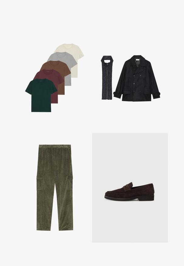 Casaco de lã preto com botões duplos e gola grande, combinado com um colete acolchoado preto sem mangas com fecho de correr.; Cinco t-shirts de gola redonda em várias cores: verde escuro, bordô, castanho, cinza claro e creme; todos apresentam mangas curtas e uma textura suave.; Calças cargo em corduroy verde-oliva com textura riscada verticalmente, apresentando dois bolsos laterais e uma cintura elástica para conforto.; Mocassins de camurça castanhos com um perfil baixo e ponta arredondada. Apresentam uma faixa decorativa na parte superior, sola de borracha plana e sem costuras visíveis.