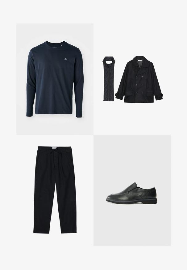 Černý vlněný kabát s dvojitými knoflíky a velkým límcem, doplněný bezrukávovou černou prošívanou vestou se zapínáním na zip.; Dlouhý rukáv námořnický modrý tričko vyrobené z měkké bavlny, s kulatým výstřihem a malým bílým logem na levé části hrudi.; Pier One Chino kalhoty - black; Černá kožená nazouvací bota s hladkým svrškem, prošívanými detaily, zaoblenou špičkou a nízkým gumovým podpatkem. Podešev má minimální vzorek.