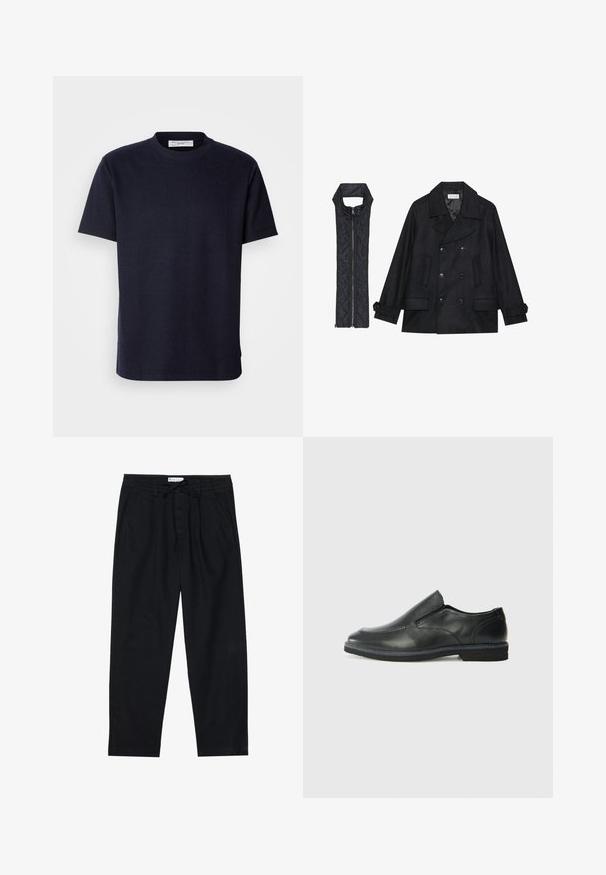 Musta villapaltto, jossa on kaksiriviset napit ja suuri kaulus, yhdistettynä olkaimettomaan mustaan toppaliiviin, joka avautuu vetoketjulla.; Lyhythihainen, pyöreäkauluksinen t-paita tummansinisestä väristä, valmistettu tekstuurista kankaasta, suoralinjainen leikkaus ja sivuhalkiot liikkumisen helpottamiseksi.; Pier One Chinot - black; Musta nahkainen liukujalkine, jossa on sileä pinta, ommeltuja yksityiskohtia, pyöristetty kärki ja matala kumipohja. Pohjassa on minimaalinen pito.