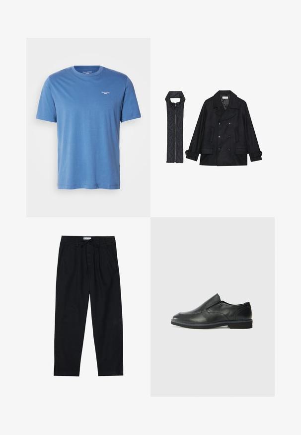 Mustast villast peacoat, millel on topelt nööbid ja suur krae, koos musta ilma varrukateta tikkimisega vestiga, millel on lukuga sulgemine.; Hele sinine lühikeste varrukatega T-särk, mis on valmistatud pehmest kangast, millel on ümmargune kaelus ja väike valge logo vasakul ülemisel rinnal.; Pier One Chino-püksid - black; Must musta laia suuga king, millel on sile ülemine osa, õmmeldud detailid, ümmargune nina ja madal kummist konts. Tallal on minimaalne mustr.