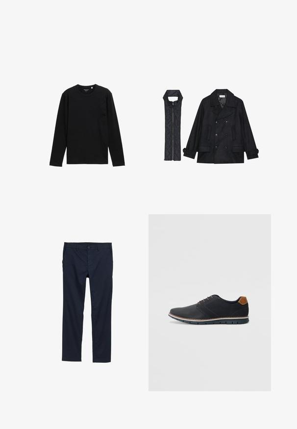 Palton de lână negru, cu închidere dublă și guler mare, asortat cu o vestă neagră, căptușită, fără mâneci, cu închidere cu fermoar.; Tricou negru cu mânecă lungă, confecționat dintr-un material texturat, având guler rotund și o croială lejeră, fără modele sau embellishments suplimentare.; Pantaloni ușori de culoare albastru închis, cu o textură netedă, design cu picioare drepte, închidere cu nasture și buzunare laterale.; Pantofi sintetici negri cu un superior texturat, accente netede, toc maro și o talpă contrastantă. Prezintă un șnur minimalist și detalii de cusătură.