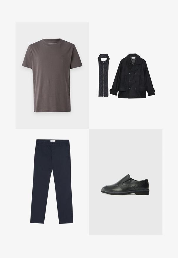 Fekete gyapjú peacoat dupla gombolással és nagy gallérral, melyet egy ujjatlan fekete steppelt mellénnyel párosítanak, amely cipzárral záródik.; Rövid ujjú, kerek nyakú póló sötétszürke színben, puha pamutból készült, amelyen diszkrét logó található a mellrészen, és normál szabású.; Sötétkék vászon nadrág, amely pamutból készült, sima tapintású, cipzáras záródással, övhurkokkal és oldalsó zsebekkel a praktikum érdekében.; Fekete bőr, slip-on cipő sima felsőrésszel, varrott díszítéssel, lekerekített orral és alacsony gumitalppal. A talpa minimális bordázattal rendelkezik.