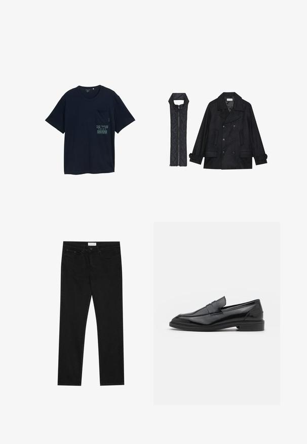 Zwarte wollen peacoat met dubbele knopen en grote kraag, gecombineerd met een mouwloze zwarte gewatteerde vest met ritssluiting.; Marineblauwe T-shirt met korte mouwen, gemaakt van zachte katoen, met een zak op de linkerborst en tekstafdruk op de voorkant.; Zwarte straight-leg jeans met een vijf-pocket ontwerp, knoop- en ritssluiting, en een Pier One merklabel op de tailleband.; Zwarte leren instappers met een gladde afwerking, voorzien van een ronde neus en een smalle band over de bovenkant. Lage gestapelde hak.