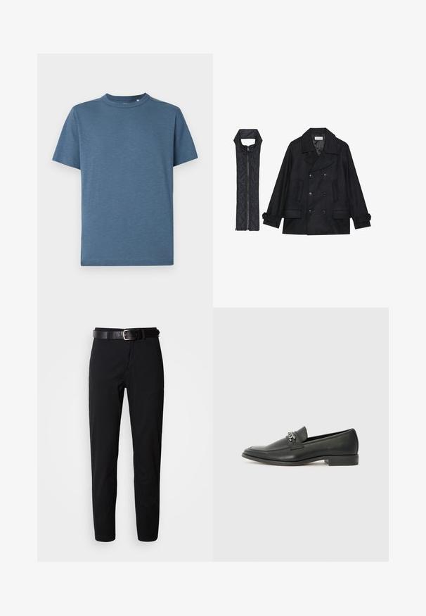 Črn volnen plašč z dvojnimi gumbi in velikim ovratnikom, v kombinaciji z brezrokavnikom iz črnega prešitega materiala z zadrgo.; Modra kratka majica s kratkimi rokavi, izdelana iz lahkega materiala, z okroglega izreza in diskretno blagovno znamko na prsih. Gladka tekstura.; Črne hlače ravnega kroja, z gladko teksturo in črnim usnjenim pasom s srebrno spono. Preprost dizajn, brez vzorcev ali poudarkov.; Črni usnjeni loafer z gladko površino, ki ima šivano zasnovo in dekorativni kovinski verižni naglas preko vampirja. Ravno peto.