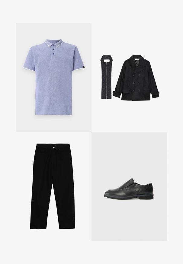 Svart ull peacoat med dubbelknäppta knappar och stor krage, kombinerad med en ärmlös svart vadderad väst med dragkedja.; Pikétröja i ljusblått tyg med korta ärmar, krage, placket med tre knappar och kontrasterande vita detaljer på kragen och ärmarna.; Svarta denimbyxor med rak passform, femficksdesign och framknäppning. Slät textur med minimala sömdetaljer.; Svart lädersko i slip-on-modell med en slät ovandel, sömnadsdetaljer, rund tå och låg gummihäl. Sulan har minimal mönstring.