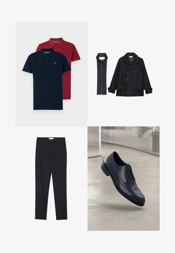 Melnā vilnas jaka ar dubulto pogu rindas un lielu apkakli, apvienota ar bez piedurknēm melnu piepūšamā vesta ar rāvējslēdzēju.; Divi polo krekli: viens tumši zilā krāsā, otrs bordo. Abiem ir klasiskā apkakle, trīs pogu atvērums un izšūta logo uz krūtīm.; Melni pielāgoti bikses ar taisnu priekšpusi, regulāra piegriezuma, izgatavotas no gluda auduma, ar presētām krokām un sānu kabatām.; Spīdīga melna ādas svinīgā kurpe ar auklēm, kas karājas virs gludas, gaiši pelēkas grīdas un vertikālām metaliskām stangām fona.