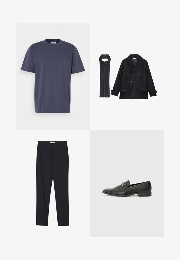 Černý vlněný kabát s dvojitými knoflíky a velkým límcem, doplněný bezrukávovou černou prošívanou vestou se zapínáním na zip.; Námořnická modrá krátká trička s krátkým rukávem vyrobená z bavlny, s kulatým výstřihem a rovním lemem. Jednoduchý design bez vzorů nebo akcentů.; Černé saka s plochým předním dílem, klasického střihu, vyrobené z hladké látky, s přitlačenými sklady a bočními kapsami.; Černé kožené mokasíny s hladkým povrchem, s prošívaným designem a dekoračním kovovým řetízkem přes nárt. Plochý podpatek.