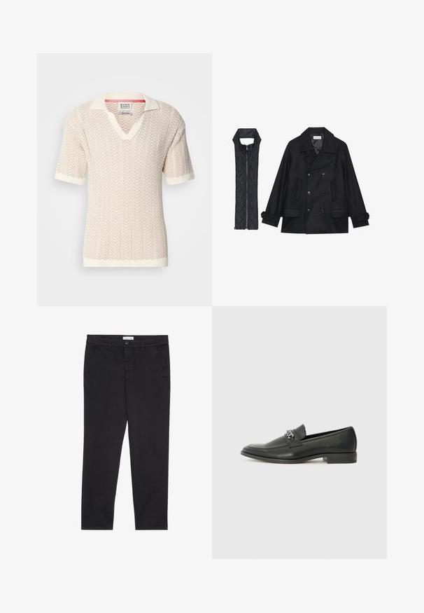 Sort uld peacoat med dobbeltradede knapper og stor krave, parret med en ærmeløs sort quiltet vest med lynlås.; Beige kortærmet sweater med et tekstureret zigzag-mønster og V-udskæring. Har en kontrasterende kremfarvet krave og manchetter.; Sorte bomuldsbukser med slim fit, der har to sidelommer og en knappelukning foran. Tekstureret stof med subtil detaljer.; Sorte læder loafers med en glat finish, der har et syet design og et dekorativt metal kædeaccent hen over vamps. Flad hæl.