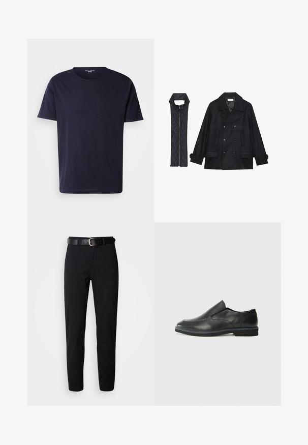 Casaco de lã preto com botões duplos e gola grande, combinado com um colete acolchoado preto sem mangas com fecho de correr.; T-shirt azul escuro feito de tecido suave, com decote redondo e mangas curtas. Textura lisa com um design simples e clássico.; Calças pretas de corte reto, com uma textura suave e um cinto de couro preto com fivela prateada. Design simples, sem padrões ou acentos.; Sapato slip-on preto em pele com um upper liso, acabamentos cosidos, bico arredondado e um salto de borracha baixo. A sola apresenta um padrão de aderência mínimo.