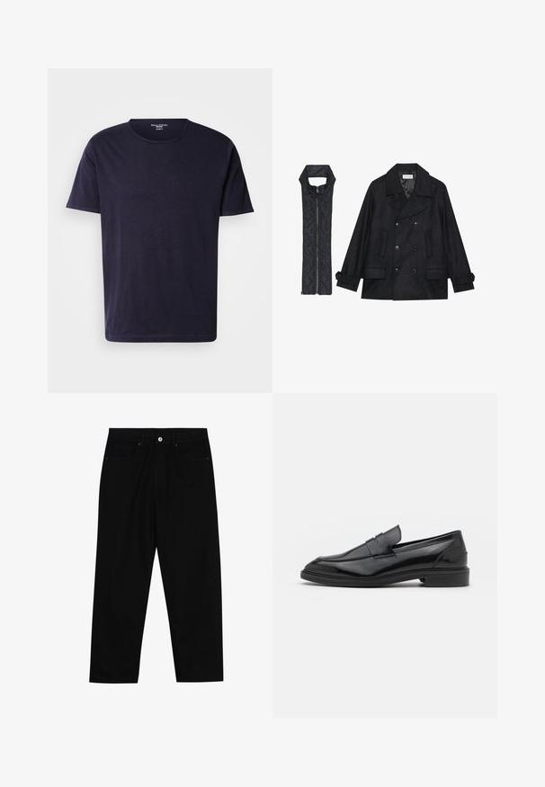 Fekete gyapjú peacoat dupla gombolással és nagy gallérral, melyet egy ujjatlan fekete steppelt mellénnyel párosítanak, amely cipzárral záródik.; Sötét tengerészkék póló, puha anyagból készült, kerek nyakkivágással és rövid ujjal. Simább textúrájú, egyszerű, klasszikus dizájnnal.; Fekete farmernadrág, egyenes szabással, öt zsebből álló dizájnnal és elülső gombos záródással. Simább felület minimális varrási részletekkel.; Fekete bőrcipók sima felülettel, kerek orral és keskeny sávval a felsőrészen. Alacsony, rétegelt sarkú.