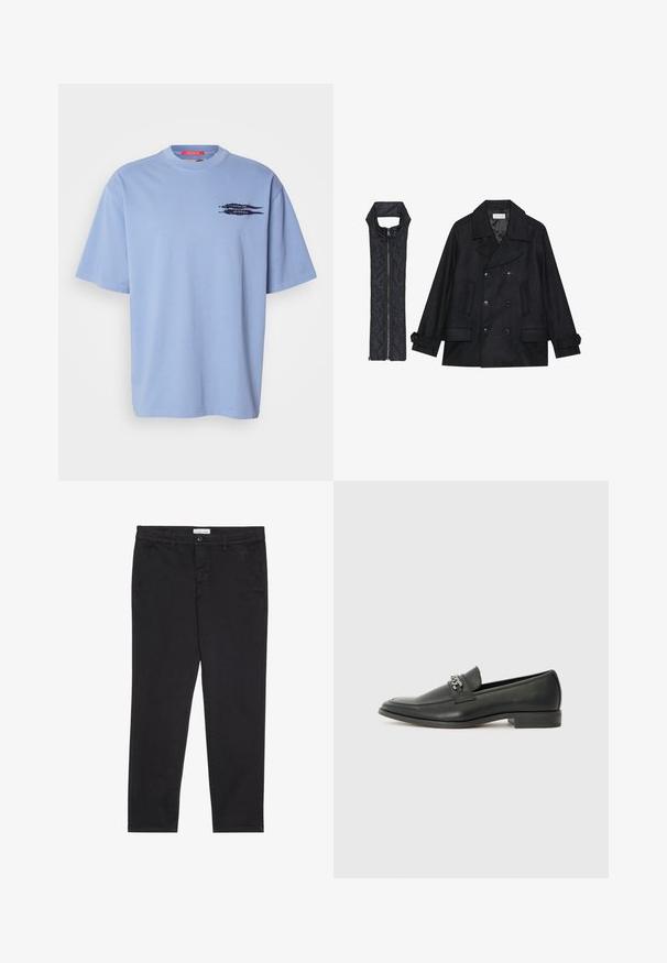 Juodas vilnonis pikoatė su dvigubais mygtukais ir dideliu apykakle, derinamas su juodu be rankovių pūkine liemene su užtrauktuku.; Šviesiai mėlynas trumparankoviai marškiniai, pagaminti iš medvilnės. Turi apvalų kaklą ir juodą grafiką su rodyklėmis kairiajame krūtinės plote.; Juodos medvilnės kelnės su siauru pjūviu, turinčios dvi šonines kišenes ir priekinį mygtuko užsegimą. Audinys tekstūruotas su subtiliomis detalėmis.; Juodos odinės loafer tipo bateliai su lygiu paviršiumi, turintys siuvinėtą dizainą ir dekoratyvų metalo grandinėlės akcentą ant batų viršaus. Plokščias kulnas.