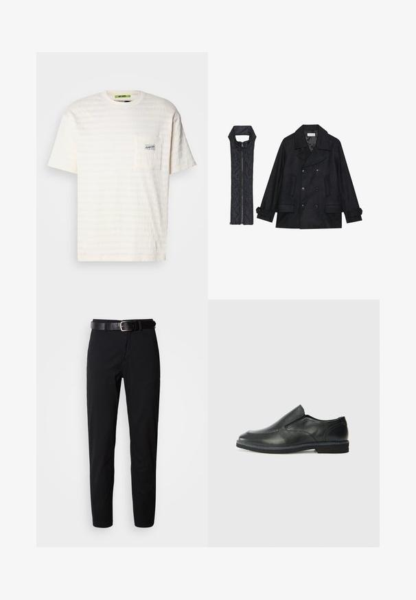 Zwarte wollen peacoat met dubbele knopen en grote kraag, gecombineerd met een mouwloze zwarte gewatteerde vest met ritssluiting.; Witte T-shirt met textuurpatroon, ronde hals, korte mouwen en een borstzakje aan de linkerkant met een klein logo-label.; Zwarte broek met een rechte snit, voorzien van een zachte textuur en een zwarte leren riem met een zilveren gesp. Eenvoudig ontwerp, zonder patronen of accenten.; Zwarte leren instapper met een soepele bovenkant, gestikte accenten, ronde neus en een lage rubberen hak. De zool heeft minimale profiel.