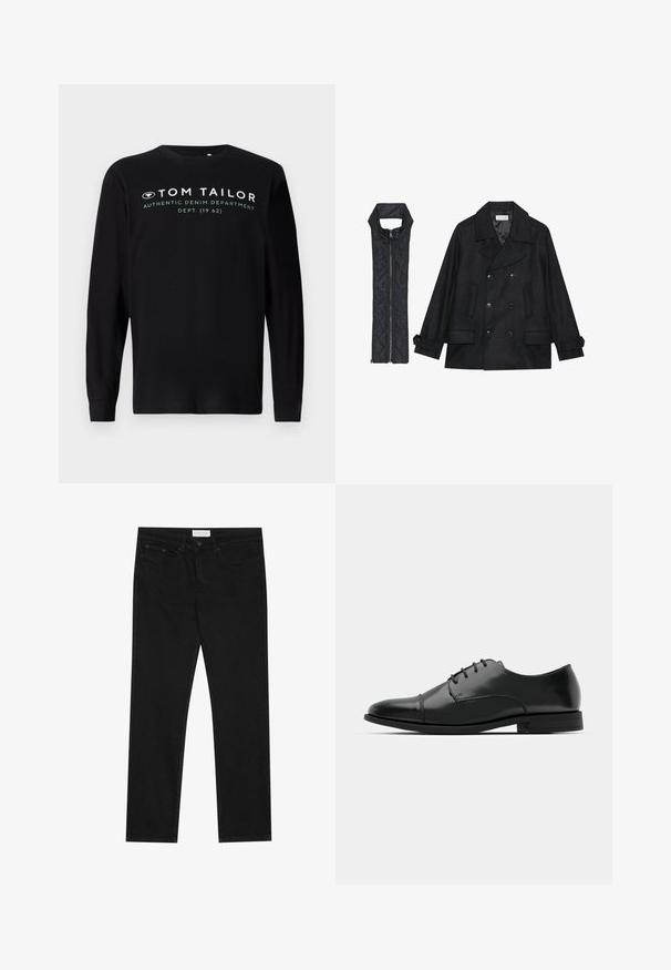 Palton de lână negru, cu închidere dublă și guler mare, asortat cu o vestă neagră, căptușită, fără mâneci, cu închidere cu fermoar.; Tricou negru cu maneci lungi, din bumbac, cu guler rotund și inscripția albă "TOM TAILOR AUTHENTIC DENIM DEPARTMENT" pe față.; Jeans negri cu croială drept, cu cinci buzunare, închidere cu nasture și fermoar, și etichetă de marcă Pier One pe talie.; Pantofii negri din piele, cu vârful rotunjit, design cu șireturi, detalii de cusătură subtile și toc joasă. Textura netedă cu un finisaj lustruit.