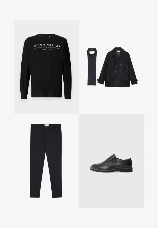 Melnā vilnas jaka ar dubulto pogu rindas un lielu apkakli, apvienota ar bez piedurknēm melnu piepūšamā vesta ar rāvējslēdzēju.; Melna garām piedurkņu T-kreklā izgatavots no kokvilnas, ar apaļu kakla izgriezumu, un uz priekšpuses ir balts teksts ar zīmolu "TOM TAILOR AUTHENTIC DENIM DEPARTMENT".; Melni bikses ar taisnām kājām, izgatavotas no kokvilnas auduma. Satur divas priekšējās kabatas un pogu aizdari viduklī.; Melnas ādas slip-on kurpes ar gludu augšdaļu, izšūtām akcentiem, noapaļotu purngala daļu un zemu gumijas papēdi. Zole ar minimālu rakstu.