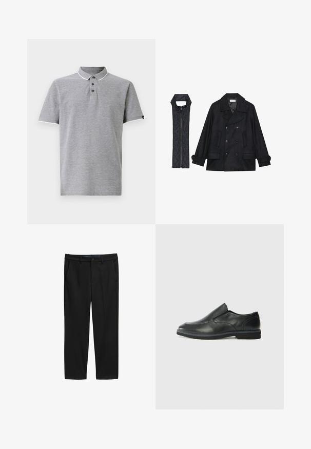 Abrigo de lana negra con botones de doble fila y gran cuello, combinado con un chaleco negro acolchado sin mangas con cierre de cremallera.; Camisa polo gris con cuello, presenta una abertura de tres botones, acentos blancos en el cuello y las mangas, y una textura suave.; Pantalones negros de corte recto, hechos de una tela texturizada. Presenta dos bolsillos frontales y un cierre de botón en la cintura.; Zapato negro de cuero sin cordones con un upper suave, detalles de costura, punta redonda y un bajo tacón de goma. La suela presenta una tracción mínima.