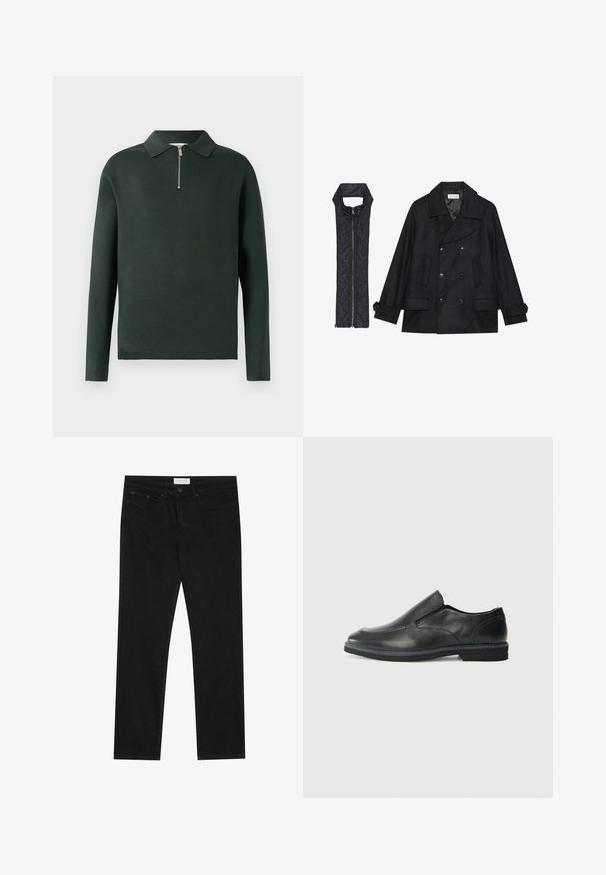 Casaco de lã preto com botões duplos e gola grande, combinado com um colete acolchoado preto sem mangas com fecho de correr.; Polo de manga longa verde-escuras com colarinho e fecho de meia-zíper na frente. Feito de um material suave com uma textura lisa.; Jeans pretos de perna reta com design de cinco bolsos, fecho com botão e zíper, e uma etiqueta da marca Pier One na cintura.; Sapato slip-on preto em pele com um upper liso, acabamentos cosidos, bico arredondado e um salto de borracha baixo. A sola apresenta um padrão de aderência mínimo.