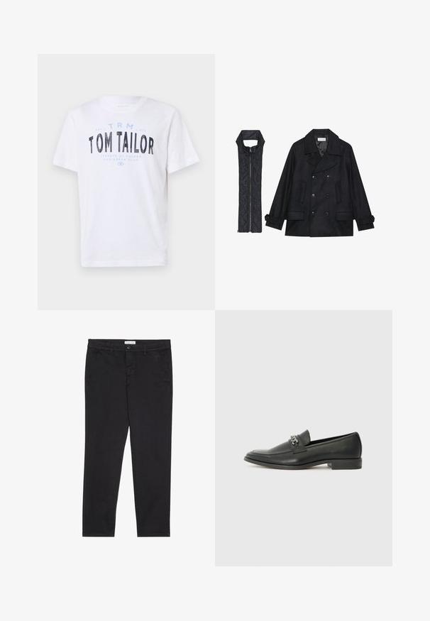 Melnā vilnas jaka ar dubulto pogu rindas un lielu apkakli, apvienota ar bez piedurknēm melnu piepūšamā vesta ar rāvējslēdzēju.; Balts kokvilnas T-krekls ar apaļu kakla izgriezumu un īsām piedurknēm. Satura zilu un melnu drukātu tekstu: "TOM TAILOR," "STREETS OF HAVANA" un skaitļus.; Melni kokvilnas bikses ar šauru piegriezumu, kurām ir divas sānu kabatas un priekšējā pogu aizdare. Tekstūrēta auduma ar smalku detalizāciju.; Melna ādas loafer izmēra apavi ar gludu virsmu, piedāvā ar šūtu dizainu un dekoratīvu metāla ķēdes akcentu pār vampu. Plakana papēža daļa.