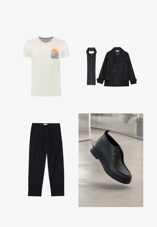Černý vlněný kabát s dvojitými knoflíky a velkým límcem, doplněný bezrukávovou černou prošívanou vestou se zapínáním na zip.; Krémové bavlněné tričko s grafikou slunce nad modrými pruhy a textem "CHASING SUN SINCE 1960" na hrudi.; Pier One Chino kalhoty - black; Černá kožená bota s hladkým povrchem, kulatou špičkou a šněrovacím designem; má nízkoprofilovou podrážku a zadní úchyt.