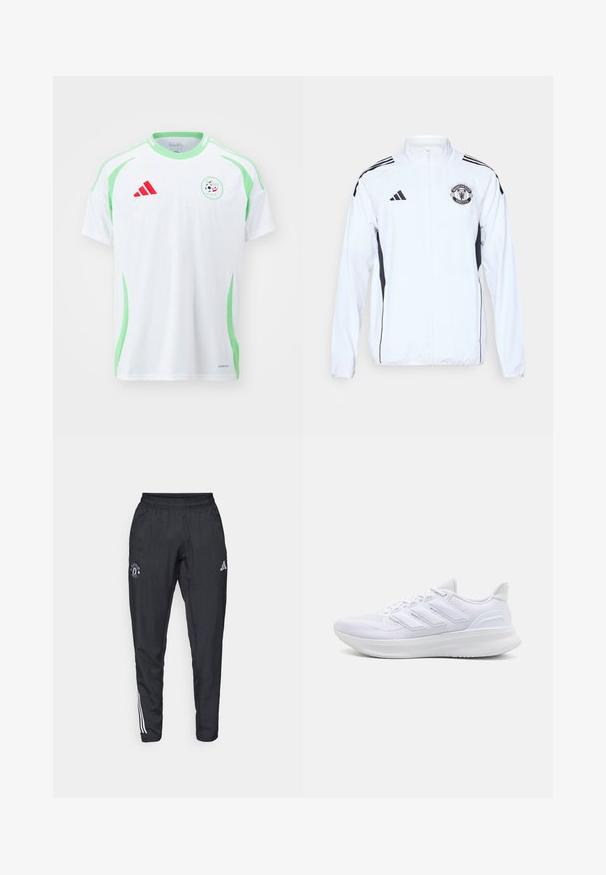 Giacca atletica bianca con accenti neri, chiusura a zip e logo del Manchester United. Presenta tre strisce nere sulle spalle e polsini elasticizzati.; Maglietta da calcio bianca a maniche corte con accenti verdi, logo rosso Adidas e emblema nazionale dell'Algeria con un pallone da calcio e la bandiera.; Pantaloni sportivi neri con vita elastica, logo ricamato sulla coscia e strisce bianche che scorrono lungo i lati.; Scarpe sportive bianche con tomaia in mesh texturato, suola ammortizzata e supportiva, e design a tre strisce sul lato.
