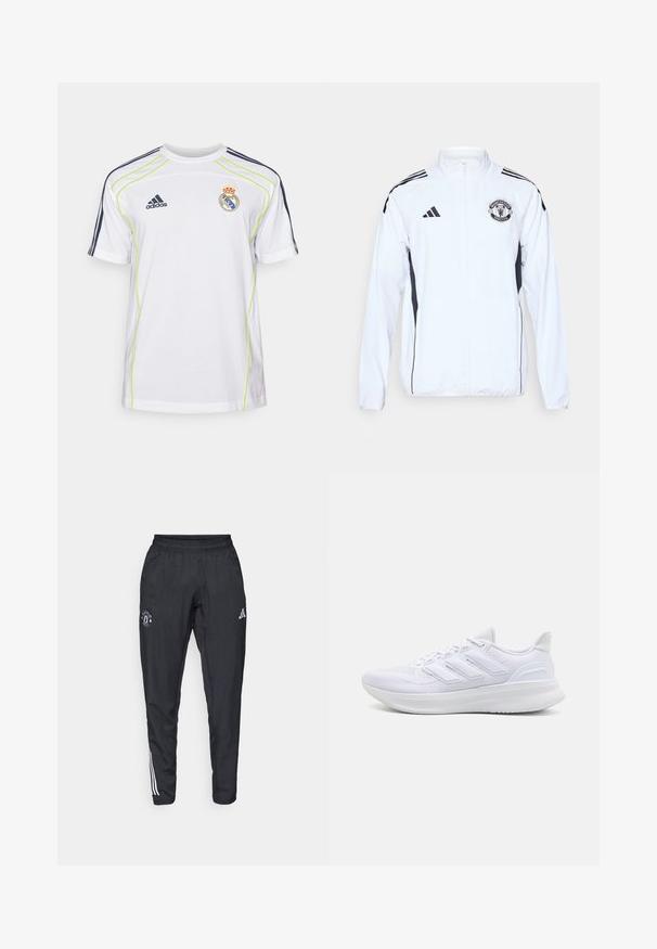 Bílá sportovní bunda s černými akcenty, na zip, s logem Manchester United. Obsahuje tři černé pruhy na ramenou a elastické manžety.; Bílé tričko s krátkým rukávem, zelenými akcenty a námořnickými pruhy na ramenech, s vyšitou nášivkou na hrudi. Vyrobeno z prodyšného materiálu.; Černé sportovní kalhoty s elastickým pasem, vyšitým logem na stehně a bílými pruhy na bocích.; Bílé sportovní boty s texturovaným síťovaným svrškem, podpůrnou polstrovanou podrážkou a třemi pruhy na boku.