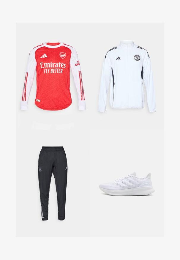 Witte sportjack met zwarte accenten, ritsluiting en het logo van Manchester United. Heeft drie zwarte strepen op de schouders en elastische manchetten.; Rode longsleeve trui met een geprint patroon, witte mouwen en rode strepen. Bevat het Arsenal-logo en de tekst "Emirates Fly Better".; Zwarte sportbroek met een elastische tailleband, geborduurd logo op de dij en witte strepen die langs de zijkanten lopen.; Witte sportschoenen met een gestructureerde mesh bovenkant, een ondersteunende gevoerde zool en een ontwerp met drie strepen aan de zijkant.