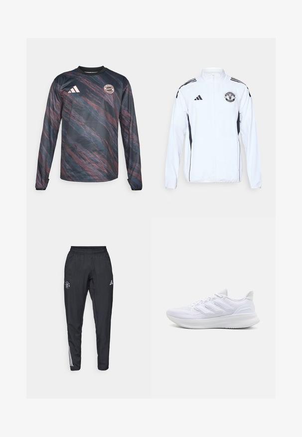 Chaqueta deportiva blanca con detalles en negro, cierre de cremallera y logo del Manchester United. Presenta tres franjas negras en los hombros y puños elásticos.; Jersey de manga larga en azul oscuro y granate con un patrón texturizado y ondulado. Presenta un cuello negro y el logo del FC Bayern de Múnich en el pecho.; Pantalones deportivos negros con cinturilla elástica, logo bordado en el muslo y rayas blancas que recorren los lados.; Zapatillas deportivas blancas con una parte superior de malla texturizada, suela acolchada y soporte, y un diseño de tres rayas en el lateral.