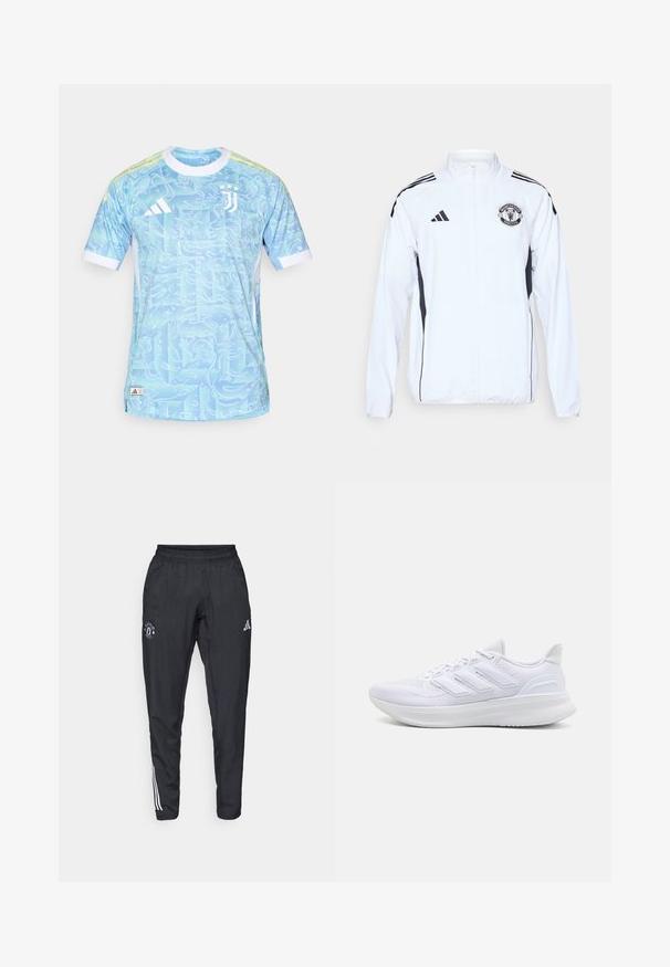 Chaqueta deportiva blanca con detalles en negro, cierre de cremallera y logo del Manchester United. Presenta tres franjas negras en los hombros y puños elásticos.; Jersey atlético azul con un patrón en espiral, mangas cortas y acentos en blanco. Presenta el logo de Adidas y el emblema de la Juventus en el frente.; Pantalones deportivos negros con cinturilla elástica, logo bordado en el muslo y rayas blancas que recorren los lados.; Zapatillas deportivas blancas con una parte superior de malla texturizada, suela acolchada y soporte, y un diseño de tres rayas en el lateral.