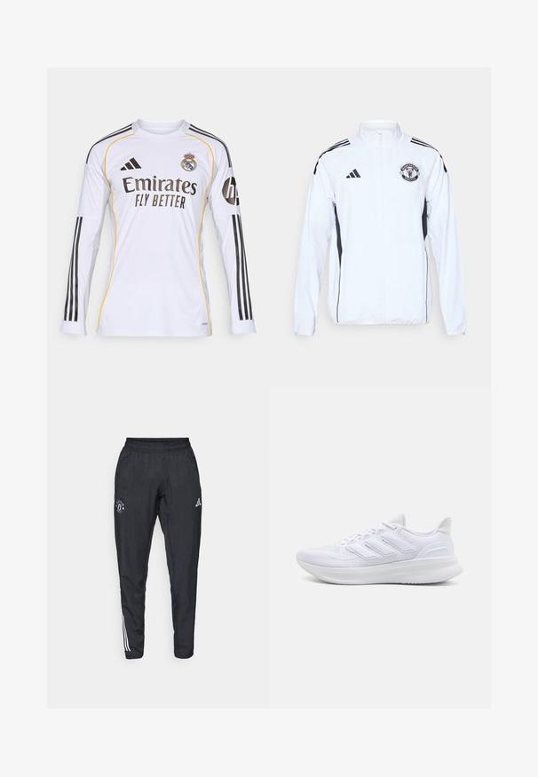 Witte sportjack met zwarte accenten, ritsluiting en het logo van Manchester United. Heeft drie zwarte strepen op de schouders en elastische manchetten.; Witte lange mouwen trui met zwarte en gele accenten, voorzien van het 'Emirates Fly Better' logo en het Real Madrid embleem, gemaakt van lichtgewicht synthetisch materiaal.; Zwarte sportbroek met een elastische tailleband, geborduurd logo op de dij en witte strepen die langs de zijkanten lopen.; Witte sportschoenen met een gestructureerde mesh bovenkant, een ondersteunende gevoerde zool en een ontwerp met drie strepen aan de zijkant.