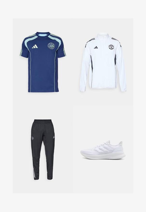 Chaqueta deportiva blanca con detalles en negro, cierre de cremallera y logo del Manchester United. Presenta tres franjas negras en los hombros y puños elásticos.; Camiseta de manga corta en azul marino, fabricada con tejido transpirable, que presenta acentos en azul claro y el logo de Ajax en el pecho.; Pantalones deportivos negros con cinturilla elástica, logo bordado en el muslo y rayas blancas que recorren los lados.; Zapatillas deportivas blancas con una parte superior de malla texturizada, suela acolchada y soporte, y un diseño de tres rayas en el lateral.