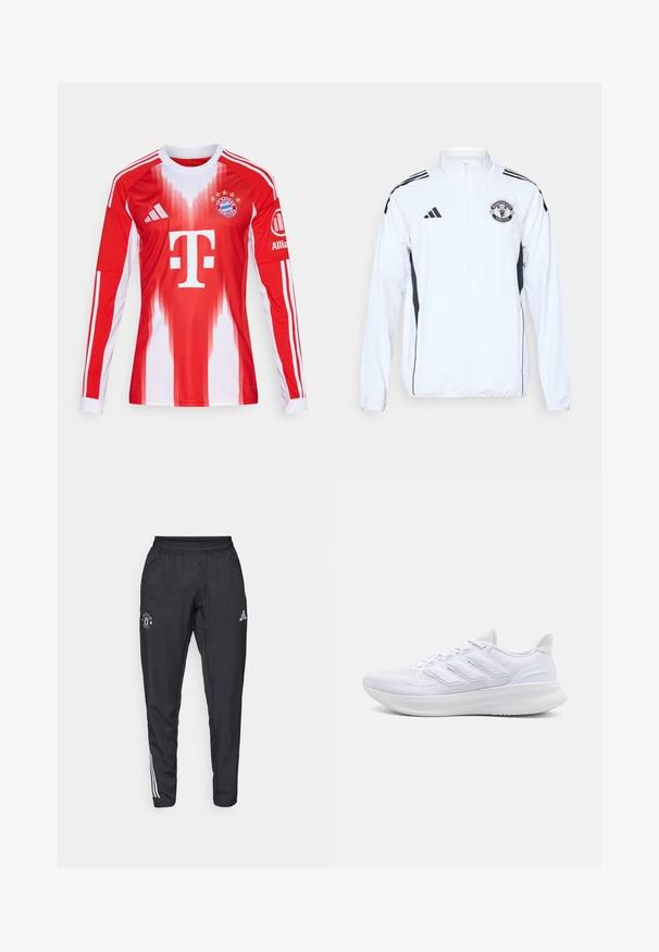 Biała sportowa kurtka z czarnymi akcentami, na zamek błyskawiczny i z logo Manchester United. Posiada trzy czarne paski na ramionach oraz elastyczne mankiety.; Czerwona i biała koszulka piłkarska z długim rękawem z gradientami, logo klubu oraz trzema paskami na rękawach, wykonana z materiału oddychającego.; Czarne spodnie sportowe z elastycznym paskiem w talii, haftowanym logo na udzie oraz białymi pasekami biegnącymi wzdłuż boków.; Białe buty sportowe z teksturowaną siateczką na cholewce, wspierającą wyściółką i trzema paskami po boku.