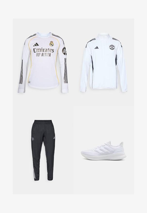 White athletic jacket with black accents, zip closure, and Manchester United logo. Features three black stripes on shoulders and elastic cuffs.; White long-sleeve football jersey featuring black stripes, Adidas logo, and the Real Madrid crest. "Emirates Fly Better" prominently displayed.; Black athletic pants featuring an elastic waistband, embroidered logo on the thigh, and white stripes running down the sides.; White athletic shoes featuring a textured mesh upper, supportive cushioned sole, and three stripe design on the side.