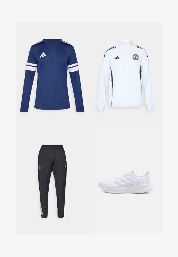 Weiße Sportjacke mit schwarzen Akzenten, Reißverschluss und Manchester United-Logo. Verfügt über drei schwarze Streifen auf den Schultern und elastische Bündchen.; Langärmliges Sportshirt aus dunkelblauem Stoff. Hat weiße Streifen an den Ärmeln und drei weiße Streifen auf der Schulter. Adidas-Logo auf der Brust.; Schwarze Sporthose mit elastischem Bund, gesticktem Logo auf dem Oberschenkel und weißen Streifen an den Seiten.; Weiße Sportschuhe mit einem strukturierten Mesh-Obermaterial, einer stützenden gepolsterten Sohle und einem drei Streifen-Design an der Seite.