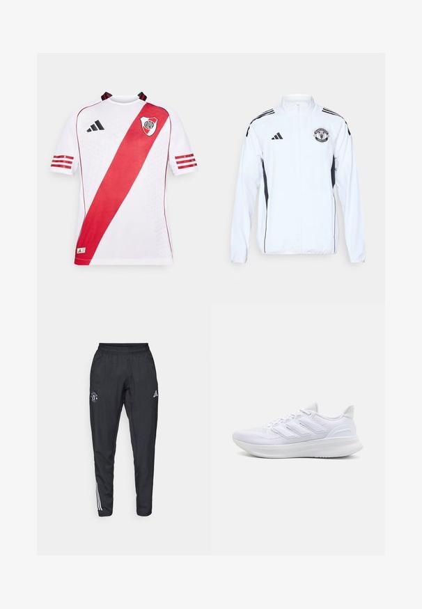 Giacca atletica bianca con accenti neri, chiusura a zip e logo del Manchester United. Presenta tre strisce nere sulle spalle e polsini elasticizzati.; Maglia sportiva bianca a maniche corte con una striscia rossa diagonale, dettagli neri e il logo sul lato sinistro del petto, realizzata in tessuto traspirante.; Pantaloni sportivi neri con vita elastica, logo ricamato sulla coscia e strisce bianche che scorrono lungo i lati.; Scarpe sportive bianche con tomaia in mesh texturato, suola ammortizzata e supportiva, e design a tre strisce sul lato.
