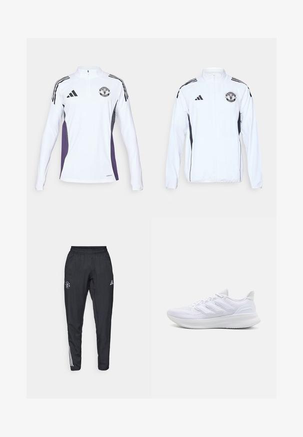White athletic jacket with black accents, zip closure, and Manchester United logo. Features three black stripes on shoulders and elastic cuffs.; White long-sleeve training shirt with a half-zip, black stripes, purple side panels, and a Manchester United logo on the chest.; Black athletic pants featuring an elastic waistband, embroidered logo on the thigh, and white stripes running down the sides.; White athletic shoes featuring a textured mesh upper, supportive cushioned sole, and three stripe design on the side.