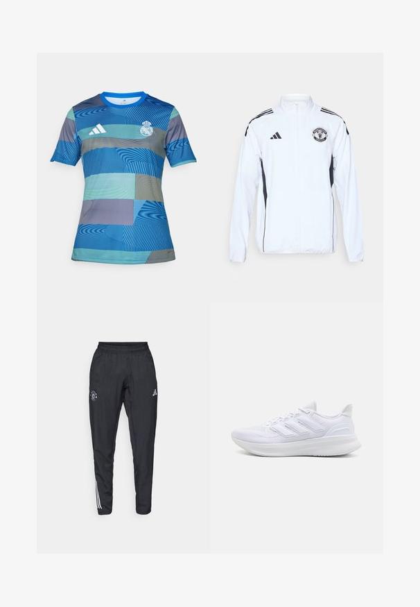 Bílá sportovní bunda s černými akcenty, na zip, s logem Manchester United. Obsahuje tři černé pruhy na ramenou a elastické manžety.; Modrá fotbalová dres s geometrickým vzorem v různých odstínech modré a zelené, krátké rukávy, kulatý výstřih a logo Adidas.; Černé sportovní kalhoty s elastickým pasem, vyšitým logem na stehně a bílými pruhy na bocích.; Bílé sportovní boty s texturovaným síťovaným svrškem, podpůrnou polstrovanou podrážkou a třemi pruhy na boku.