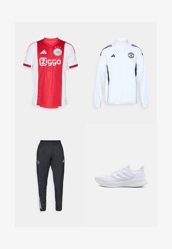 Veste de sport blanche avec des accents noirs, fermeture éclair, et logo de Manchester United. Présente trois bandes noires sur les épaules et des poignets élastiques.; Maillot de football rouge et blanc avec un col en V, des accents en zigzag et trois étoiles au-dessus d'un logo circulaire et de la marque "Ziggo".; Pantalons de sport noirs avec une taille élastique, logo brodé sur la cuisse et bandes blanches sur les côtés.; Chaussures de sport blanches avec un dessus en mesh texturé, une semelle rembourrée et un design à trois bandes sur le côté.