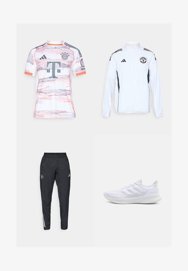 Chaqueta deportiva blanca con detalles en negro, cierre de cremallera y logo del Manchester United. Presenta tres franjas negras en los hombros y puños elásticos.; Camiseta de fútbol blanca de manga corta con patrones abstractos en rosa y gris, con un cuello redondo, logo de Adidas y escudo del Bayern de Múnich.; Pantalones deportivos negros con cinturilla elástica, logo bordado en el muslo y rayas blancas que recorren los lados.; Zapatillas deportivas blancas con una parte superior de malla texturizada, suela acolchada y soporte, y un diseño de tres rayas en el lateral.