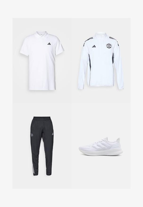 Hvid atletisk jakke med sorte accenter, lynlås lukning og Manchester United logo. Har tre sorte striber på skuldrene og elastiske manchetter.; Hvid poloshirt lavet af bomuld, med krave og korte ærmer. Sort Adidas-logo placeret på venstre bryst. Glat tekstur.; Sorte atletiske bukser med elastisk talje, broderet logo på låret og hvide striber, der løber ned ad siderne.; Hvide sportssko med en tekstureret mesh-overdel, en støttende polstret sål og et tre-stripes design på siden.